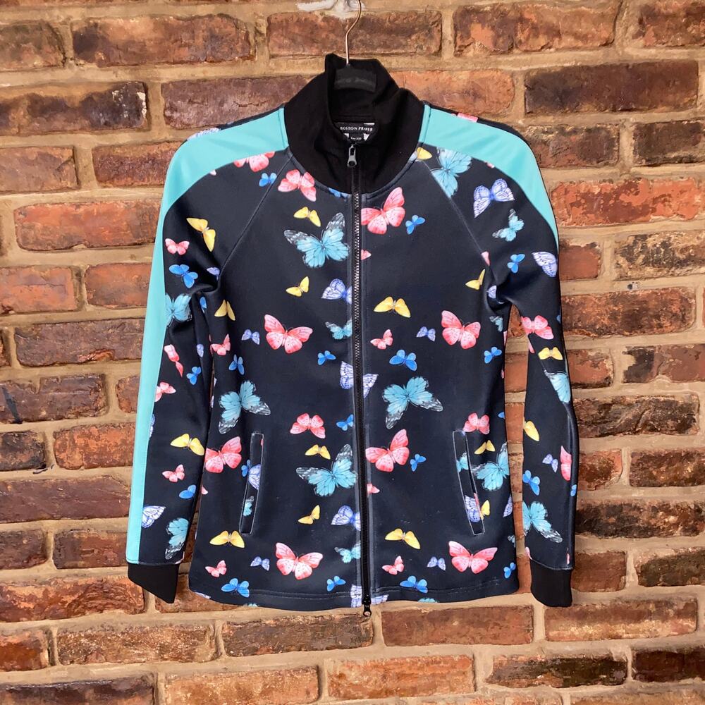 Boston Proper Black Aqua Blue Butterfly Full Zip-Up Track Jacket Womens Size XXS